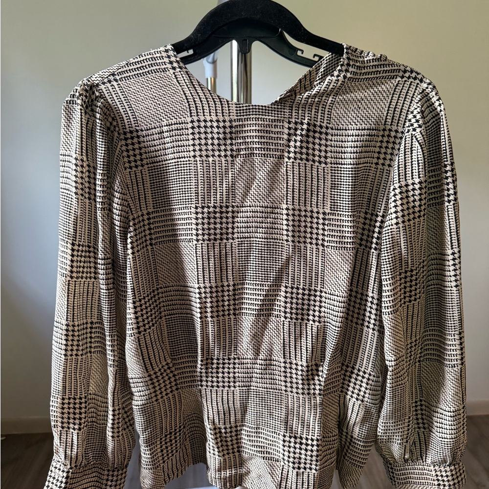 Vintage 100% Silk Plaid Women's Blouse - Black and White